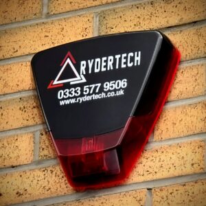 A photo of a Rydertech branded bell box for an alarm system